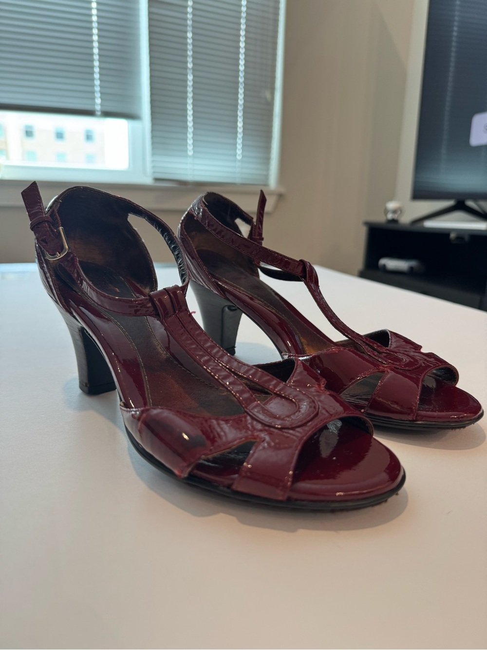 Sofft Burgundy Patent Leather T-Strap Open-Toe Heels